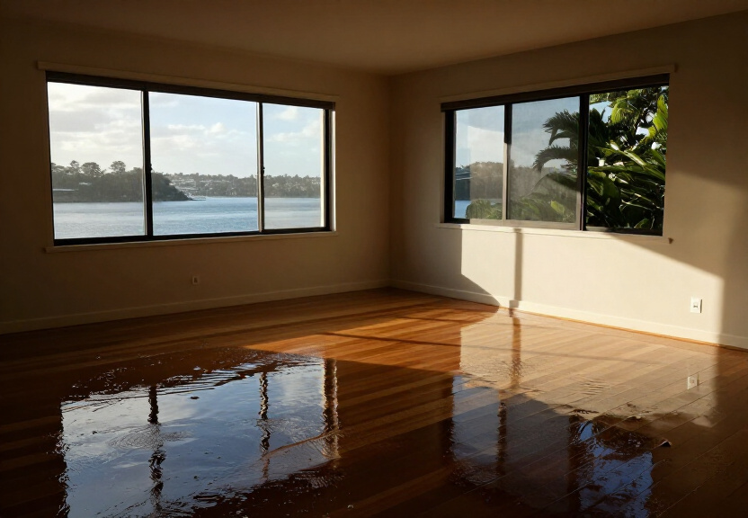 Flood-damaged living room in Elizabeth Hills before restoration